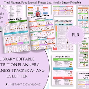 May include: A printable meal planner, food journal, fitness log, and health binder bundle featuring over 10 pages. The documents include charts for vitamins, minerals, macronutrients, and nutrients, with text labels for A4, A5, and US Letter sizes.