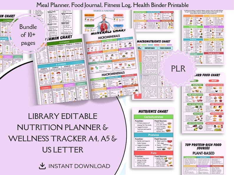 May include: A printable meal planner, food journal, fitness log, and health binder bundle featuring over 10 pages. The documents include charts for vitamins, minerals, macronutrients, and nutrients, with text labels for A4, A5, and US Letter sizes.