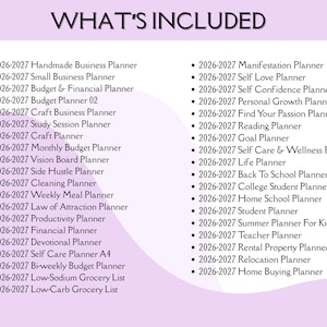 Op de afbeelding: Een lijst met inbegrepen planners voor 2026-2027, inclusief opties voor zaken, budget, ambacht en zelfzorg. De tekst is in een overzichtelijk formaat op een zachte paarse achtergrond weergegeven.