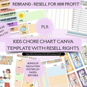 May include: A collection of printable chore chart templates for kids, with resell rights. The design includes colorful charts, reward money, and educational posters. The size is 8.5 x 11 inches.