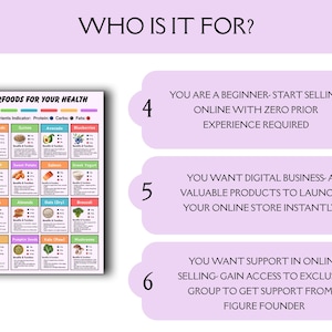 May include: A digital infographic titled WHO IS IT FOR? featuring a chart labeled SUPERFOODS FOR YOUR HEALTH with sixteen food items and their macronutrients. Three numbered points list benefits for beginners, digital business owners, and online sellers.