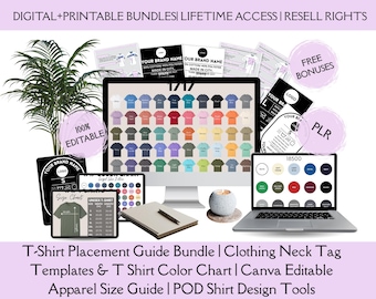 T-Shirt Placement Guide Bundle | Clothing Neck Tag Templates & T Shirt Color Chart |Canva Editable Apparel Size Guide,POD Shirt Design Tools
