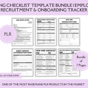 Op de afbeelding: Een bundel van zeven afdrukbare checklists voor het aannemen van personeel, waaronder een aanbiedingsbrief, een sollicitatieformulier en een informatieformulier voor nieuwe medewerkers. De sjablonen zijn ontworpen voor werving en onboarding van medewerkers.