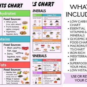 May include: A digital nutrition chart featuring sections for carbohydrates, proteins, and fats with food sources, alongside a minerals chart and a list titled What's Included? detailing charts for low carb, vitamins, glycemic index, and macronutrients.