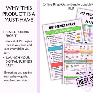 May include: A digital bundle featuring an Office Bingo Game, a Nutrients Chart, and a Top Protein-Rich Food Sources chart. The documents include text, colorful headers, and food illustrations. A circular Best Seller badge is overlaid on the bottom right.