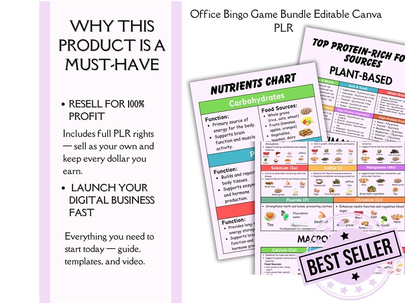 May include: A digital bundle featuring an Office Bingo Game, a Nutrients Chart, and a Top Protein-Rich Food Sources chart. The documents include text, colorful headers, and food illustrations. A circular Best Seller badge is overlaid on the bottom right.