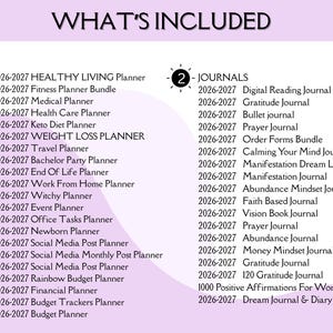 Op de afbeelding: Een lijst met planners en journals, waaronder een Healthy Living Planner, een Weight Loss Planner en diverse journals zoals een Gratitude Journal en een Dream Journal. De tekst staat in zwarte letters op een witte achtergrond met een paars ontwerp.