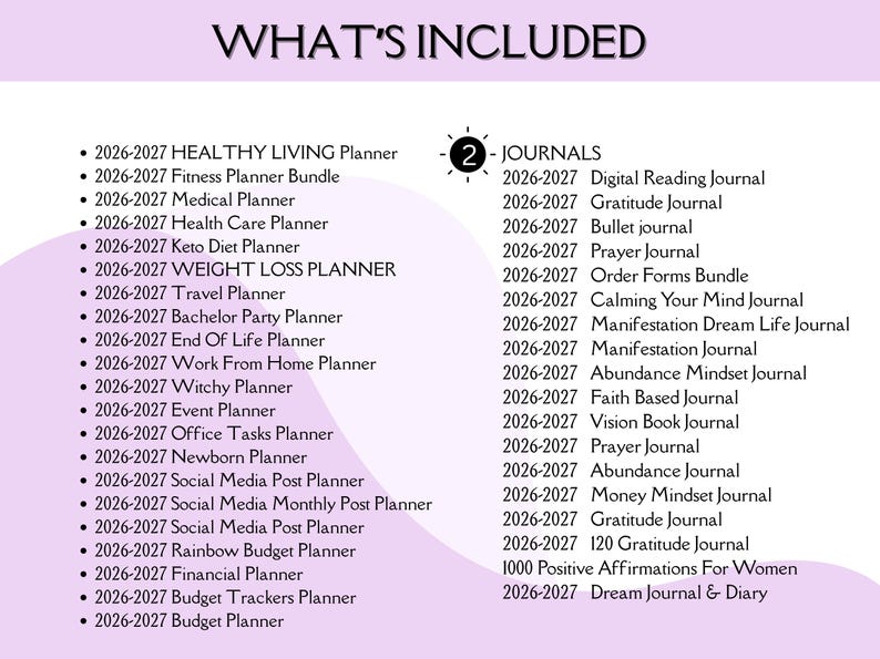 Op de afbeelding: Een lijst met planners en journals, waaronder een Healthy Living Planner, een Weight Loss Planner en diverse journals zoals een Gratitude Journal en een Dream Journal. De tekst staat in zwarte letters op een witte achtergrond met een paars ontwerp.