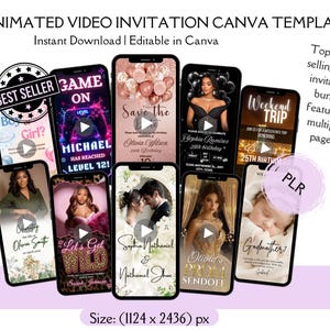 Puede incluir: Una colección de 10 plantillas de Canva de invitación de video animadas que se muestran en teléfonos inteligentes. Las plantillas incluyen diseños para varios eventos, como cumpleaños y bodas. El texto incluye "Más vendido" y "Descarga instantánea | Editable en Canva".