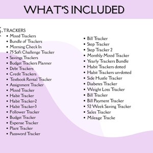 Op de afbeelding: Een lijst met trackers wordt weergegeven op een witte achtergrond met een lichtpaars ontwerp. De tekst "WHAT'S INCLUDED" staat bovenaan. De lijst bevat stemmingsvolgers, gewoontesvolgers, budgetvolgers en meer. Een zon-icoon met het nummer 3 staat bovenaan.