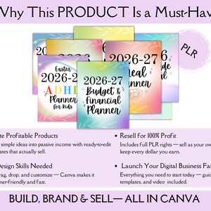 Op de afbeelding: Een verzameling kleurrijke planner sjablonen met titels als "Budget & Financial Planner". De afbeelding bevat tekst met de tekst "Why This PRODUCT Is a Must-Have" en "BUILD, BRAND & SELL - ALL IN CANVA."