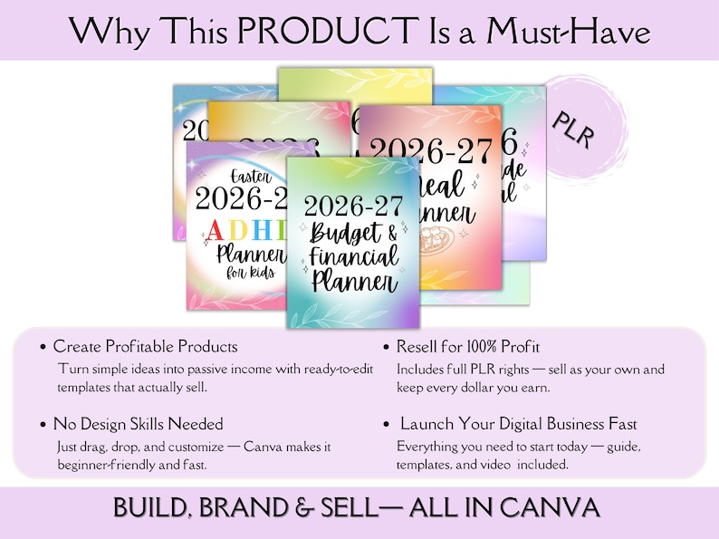 Op de afbeelding: Een verzameling kleurrijke planner sjablonen met titels als "Budget & Financial Planner". De afbeelding bevat tekst met de tekst "Why This PRODUCT Is a Must-Have" en "BUILD, BRAND & SELL - ALL IN CANVA."