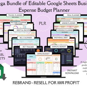 May include: A digital product bundle featuring editable Google Sheets for business expense planning. Includes travel, income, rental, and pet trackers, plus meal, Airbnb, wedding, and annual budget planners. The bundle offers over 500 Excel sheets and is available for instant download.