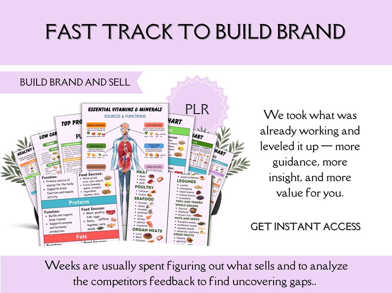 May include: A collection of educational charts titled FAST TRACK TO BUILD BRAND, featuring diagrams on essential vitamins, minerals, and food sources. The documents include text about proteins, fats, and meat, with a central human anatomy illustration.