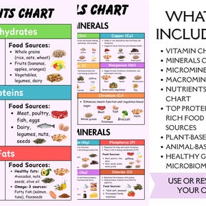 May include: A multi-page educational nutrients chart featuring sections for carbohydrates, proteins, and fats with food sources. The document includes a minerals chart, microminerals, macrominerals, and a list titled What's Included with text.