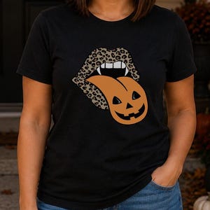 Halloween Pumpkin Lips Shirt, Leopard Print Mouth Tee, Spooky Fang Face Gift for Mom, Women