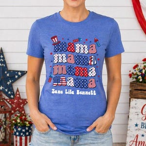 Stacked Mama Shirt, Patriotic Mom Shirt, Custom Kids Names Shirt, 4th of July Mom Tee, Mother’s Day Gift for Mom, Retro USA Mom Shirt