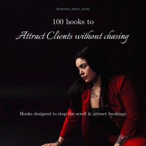 May include: A person in a red blazer is featured in this image, with the text "100 hooks to Attract Clients without chasing." The image also includes the text "Hooks designed to stop the scroll & attract bookings" against a dark backdrop.