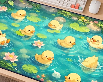 Tappetino da scrivania a forma di anatra Kawaii, tappetino per mouse con laghetto carino, accogliente decorazione per ufficio a tema animale - Spessore 3 mm, bordi cuciti