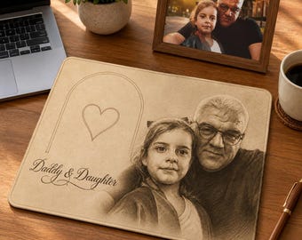 Personalisierte Familie Schreibtischmatte, benutzerdefinierte Foto Line Art Mauspad-Papa und Tochter Porträt, Bürodekoration, Geschenk für Vater und Mutter, für Ehemann, Gaming Schreibtischmatte