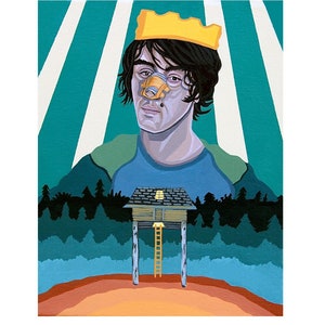 May include: A painting of a person wearing a yellow crown and a yellow nose. The person is standing in front of a green forest with a small wooden house in the background.
