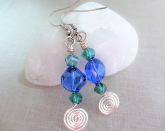 Blue and Green Crystal Hexagon Earrings, Handmade Earrings, Blue Crystal Earrings, Blue Earrings, Green Earrings, Dangle, Women, Teen, Gift