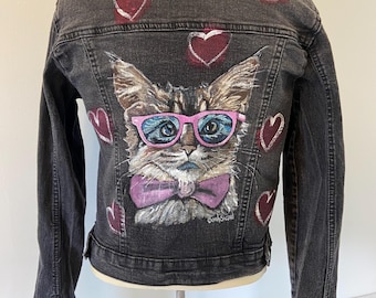 Child size black denim with handpainted kitty with glasses