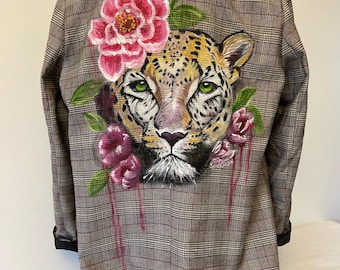 Blazer a cuadros reciclado, gato pintado a mano con flores