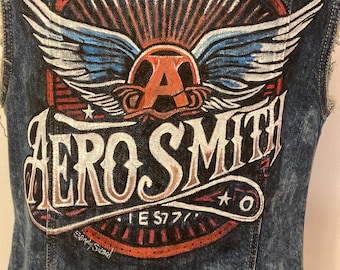 Upcycled dark denim vest, Aerosmith handpainted on back