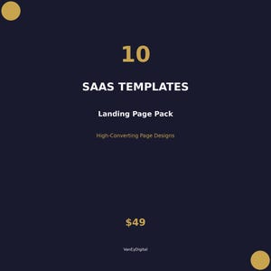 Puede incluir: Gráfico azul oscuro con detalles dorados. El texto dice "10 SAAS TEMPLATES Landing Page Pack High-Converting Page Designs". Círculos dorados en las esquinas superior izquierda e inferior derecha.
