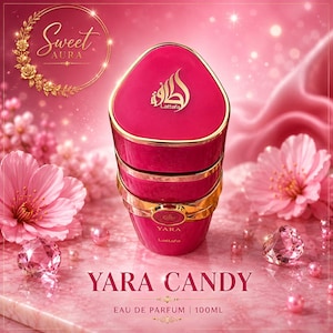 May include: A bright pink perfume bottle with gold trim, labeled Yara Candy Eau de Parfum 100ml. The bottle features a triangular cap with a gold logo, and the text Sweet Aura is visible in the upper left corner. The design includes a smooth finish.