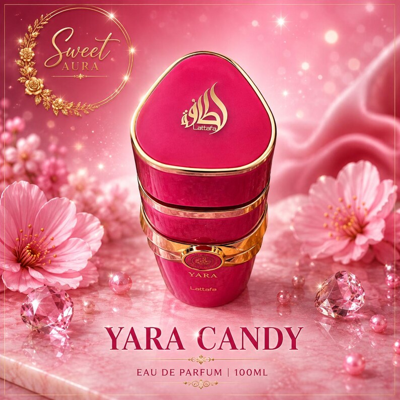 May include: A bright pink perfume bottle with gold trim, labeled Yara Candy Eau de Parfum 100ml. The bottle features a triangular cap with a gold logo, and the text Sweet Aura is visible in the upper left corner. The design includes a smooth finish.