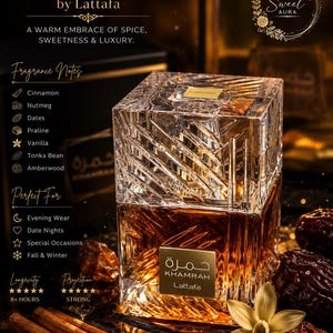 May include: A 100ml bottle of Khamrah by Lattafa eau de parfum featuring a clear, textured glass design with a square cap. The amber-coloured liquid is visible inside. The label displays the text Khamrah Lattafa in English and Arabic script.