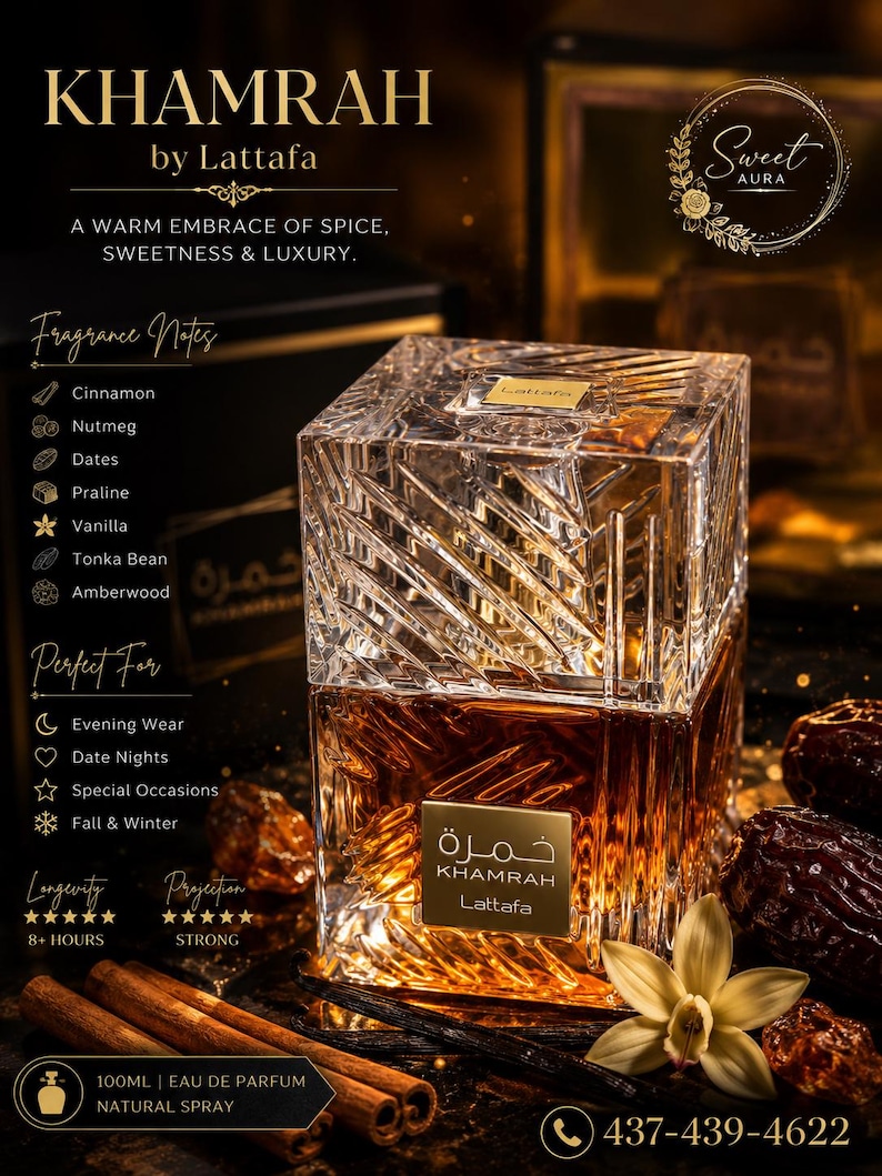 May include: A 100ml bottle of Khamrah by Lattafa eau de parfum featuring a clear, textured glass design with a square cap. The amber-coloured liquid is visible inside. The label displays the text Khamrah Lattafa in English and Arabic script.