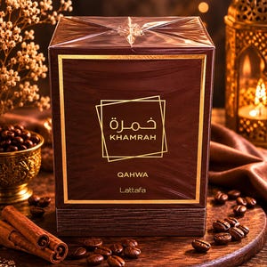 May include: A rectangular dark brown perfume box wrapped in clear plastic. The front features gold text reading Khamrah, Qahwa, and Lattafa, along with Arabic script inside a gold square frame. The box has a textured base and a smooth top section.