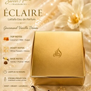 May include: A square gold perfume box with the Lattafa logo, featuring text including Sweet Aura Fragrances, &Eacute;CLAIRE, Gourmand Vanilla Dream, and lists of top, heart, and base notes like caramel, milk, sugar, white flowers, honey, vanilla, praline, and musk.