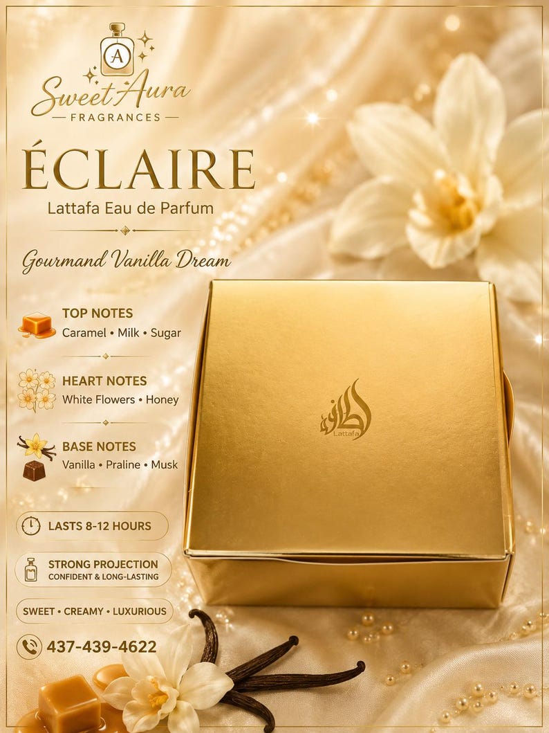 May include: A square gold perfume box with the Lattafa logo, featuring text including Sweet Aura Fragrances, &Eacute;CLAIRE, Gourmand Vanilla Dream, and lists of top, heart, and base notes like caramel, milk, sugar, white flowers, honey, vanilla, praline, and musk.