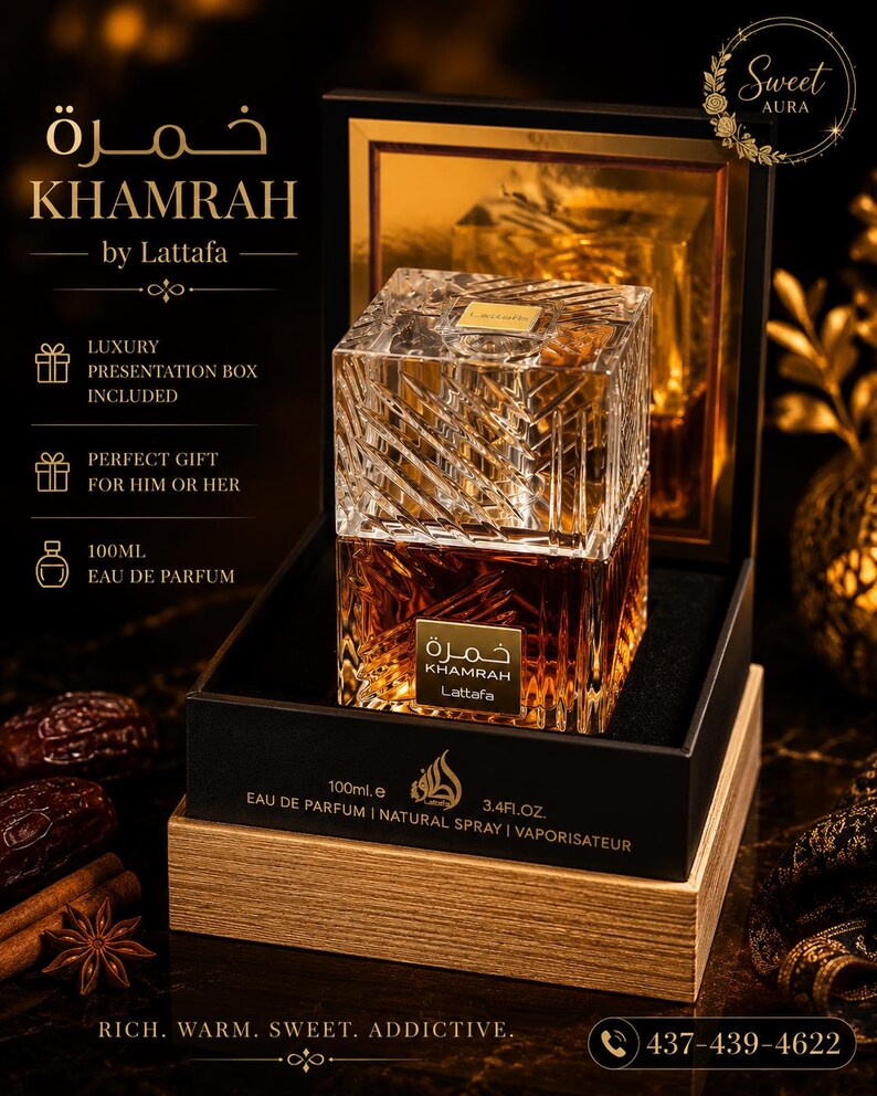 May include: A square glass perfume bottle with a textured, faceted surface containing amber-coloured liquid, labelled Khamrah by Lattafa. The bottle is housed in a black and gold presentation box, with 100ml and 3.4 fl. oz. printed on the base.