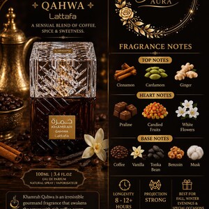 May include: A rectangular glass perfume bottle labeled Khamrah Qahwa Lattafa 100ML 3.4 FL.OZ. The advertisement displays fragrance notes including cinnamon, cardamom, ginger, praline, candied fruits, white flowers, coffee, vanilla, tonka bean, benzoin, and musk.