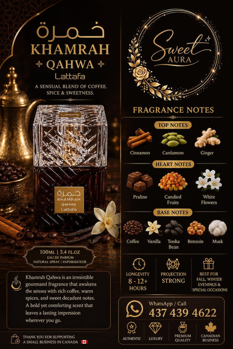 May include: A rectangular glass perfume bottle labeled Khamrah Qahwa Lattafa 100ML 3.4 FL.OZ. The advertisement displays fragrance notes including cinnamon, cardamom, ginger, praline, candied fruits, white flowers, coffee, vanilla, tonka bean, benzoin, and musk.