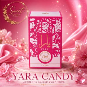 May include: A rectangular perfume box in bright pink with white floral patterns. The front features the text Yara, Candy, and Lattafa. The box is labeled as 100ml. The design includes a circular emblem with the word Candy and Arabic script.