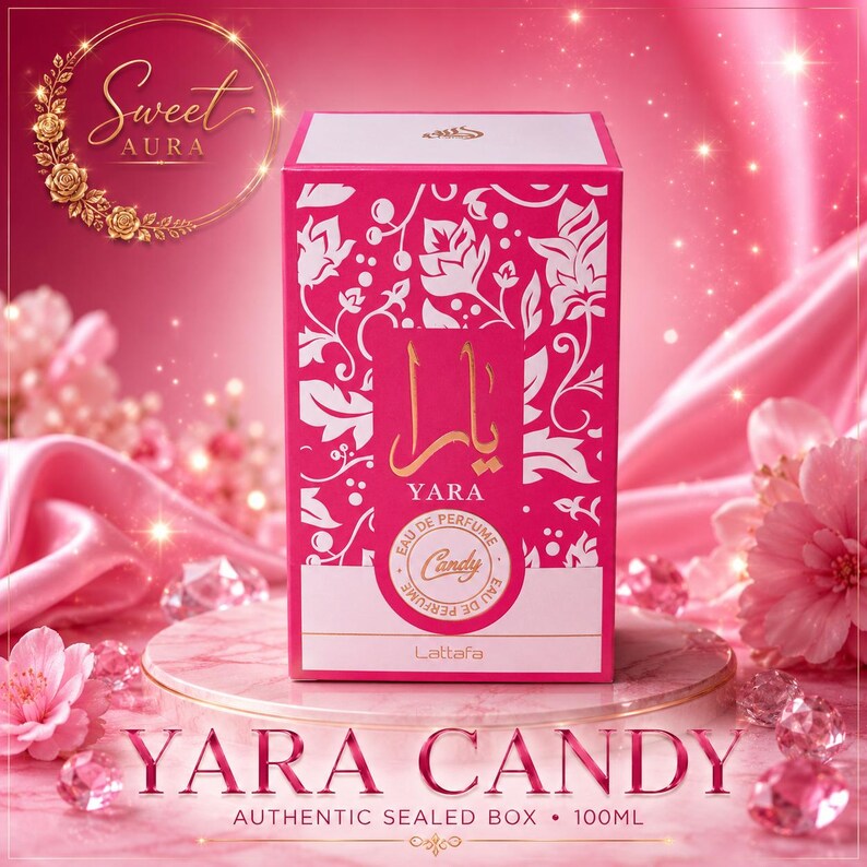May include: A rectangular perfume box in bright pink with white floral patterns. The front features the text Yara, Candy, and Lattafa. The box is labeled as 100ml. The design includes a circular emblem with the word Candy and Arabic script.