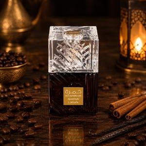 May include: A square glass perfume bottle with a clear, textured crystal-like cap and a dark brown base. The label features the text "KHAMRAH QAHWA Lattafa" in white and gold lettering, with Arabic script above the product name.