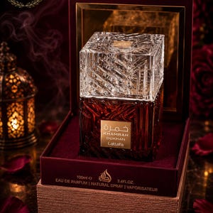 May include: A square glass perfume bottle with a textured, clear crystal-like cap and a deep amber-colored base. The label reads Khamrah Dukhan Lattafa. It is presented in an open, dark burgundy box with 100ml and 3.4 fl. oz. printed on the front.