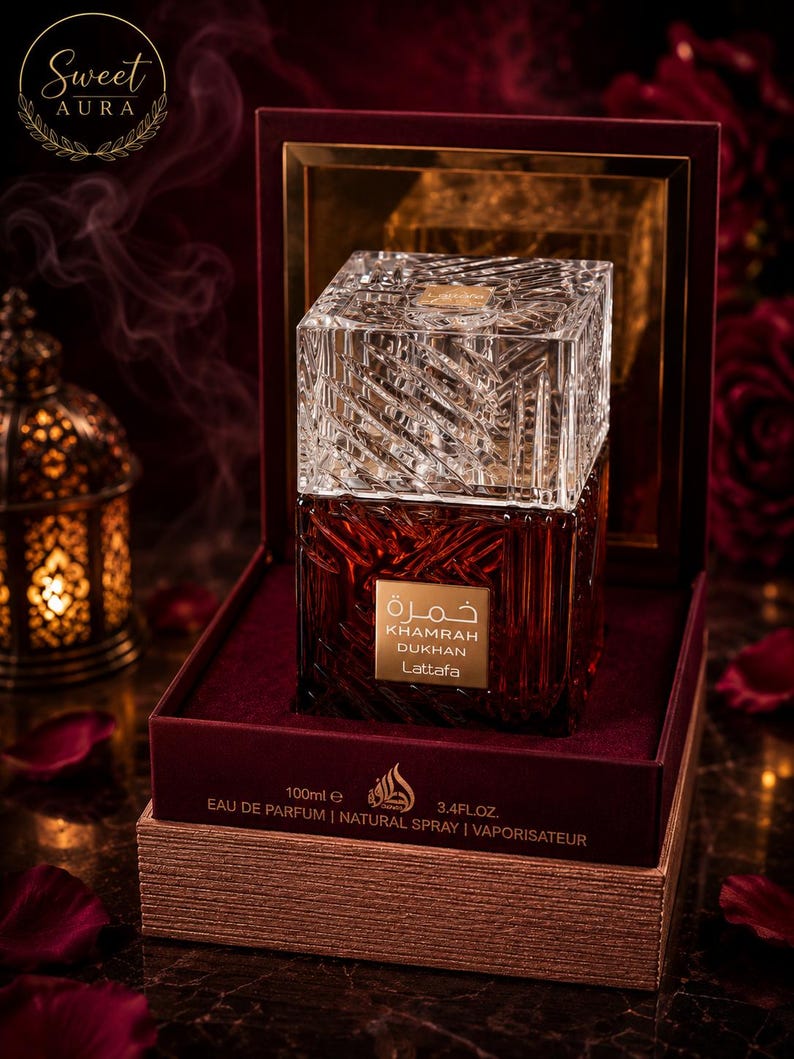 May include: A square glass perfume bottle with a textured, clear crystal-like cap and a deep amber-colored base. The label reads Khamrah Dukhan Lattafa. It is presented in an open, dark burgundy box with 100ml and 3.4 fl. oz. printed on the front.
