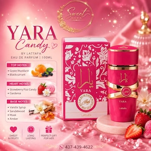 May include: A 100ml bottle of Yara Candy Eau de Parfum by Lattafa with a bright pink cylindrical container featuring gold accents and Arabic script. The packaging displays top, heart, and base notes including mandarin, strawberry, and vanilla.
