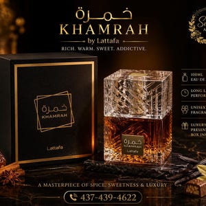 May include: A square glass perfume bottle with amber liquid and a textured geometric pattern, accompanied by a black presentation box with gold lettering reading Khamrah by Lattafa. The set includes text labels for 100ml Eau de Parfum.