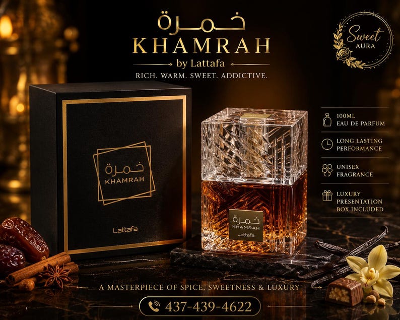 May include: A square glass perfume bottle with amber liquid and a textured geometric pattern, accompanied by a black presentation box with gold lettering reading Khamrah by Lattafa. The set includes text labels for 100ml Eau de Parfum.