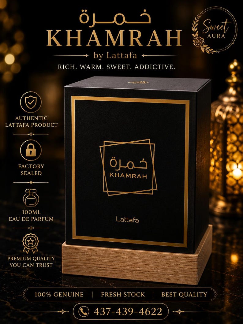 May include: A black rectangular perfume box with gold trim and the text Khamrah by Lattafa. The box features the Arabic script for Khamrah, the phrase Rich. Warm. Sweet. Addictive., and icons indicating a 100ml Eau de Parfum, authentic product, and factory seal.