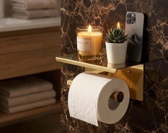 Gold Toilet Paper Holder with Shelf, Wall Mounted Brass Tissue Roll Holder, Luxury Bathroom Storage Rack, Marble Black Shelf